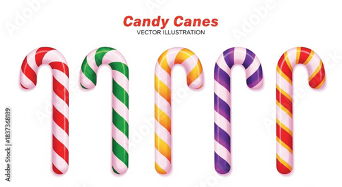 A vector illustration featuring a set of five classic candy canes lined up horizontally. The canes display various traditional stripe colors: red and white, green and white, yellow and white, purple.
