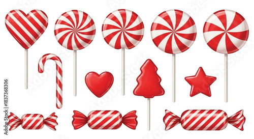 A set of red and white striped christmas candies, lollipops, and sweets isolated on white background