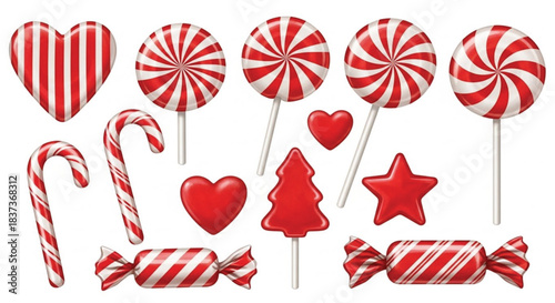 A collection of red and white striped christmas candies, lollipops, candy canes, and wrapped sweets isolated on white background