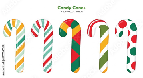 Five different styles of christmas candy canes, isolated on white background