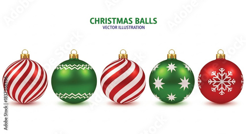 Five christmas balls in red and green colors with different patterns, vector illustration