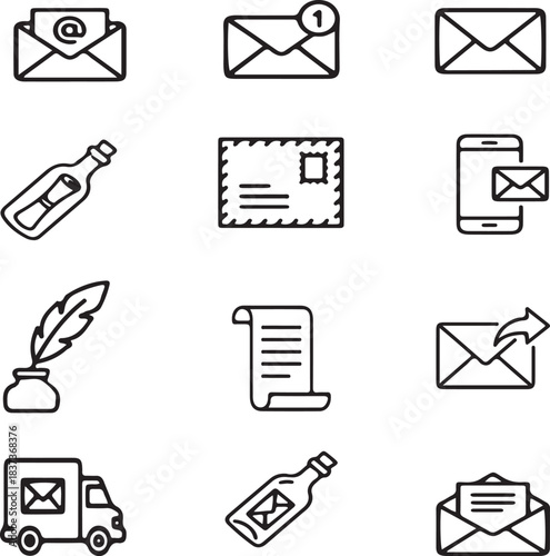 Set of 12 black and white line icons representing mail, email, and message delivery concepts