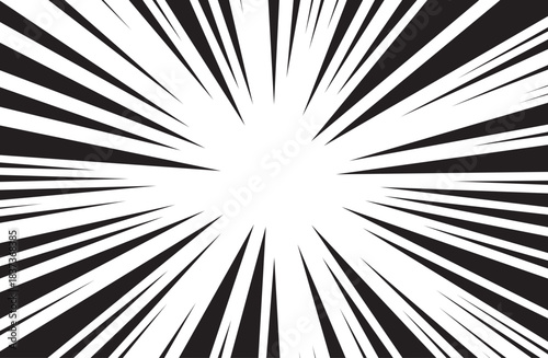 Comic speed lines background. Cartoon book sunburst background. Superhero radial line pattern frame. Manga anime explosion background. Pop art flash rays effect. Vector illustration.