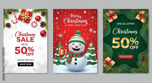 A collection of three christmas sale and holiday greeting promotional posters with festive decorations, isolated on white background