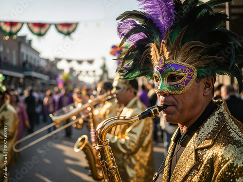 Mardi Gras jazz band parade with masked saxophonist