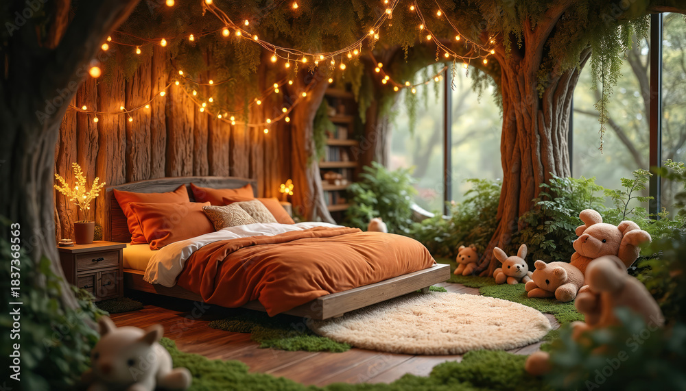 Obraz premium A bedroom has bed with orange covers. It is decorated with fairy lights and teddy bears. Cozy room has wood walls and large window with green plants. Nature inspired interior.