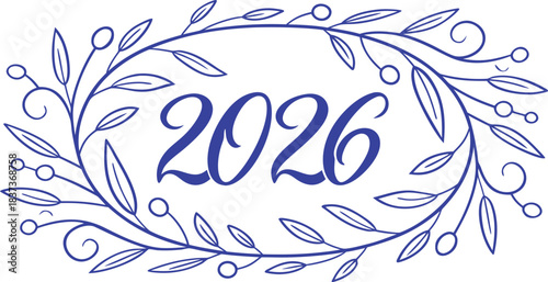 Elegant botanical wreath frames the 2026 New Year text with flowing leaves. Delicate line art creates a refined festive look. Perfect for greeting cards, posters, and seasonal designs.