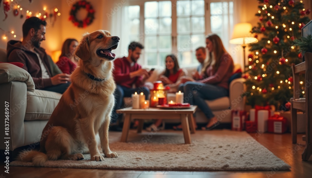 Obraz premium Dog sits near group of friends at xmas party in house. People celebrate New Year holidays together with dog. Festive lights shine on tree, table and wreath during house party event.
