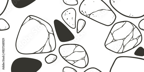 Abstract stone pattern features smooth pebble shapes in a modern outline style. Organic lines and textures create a natural artistic layout. Ideal for backgrounds, surfaces, and minimalist designs.