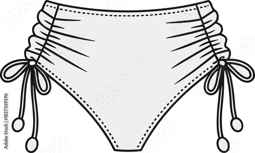 High-waisted bikini bottom technical illustration with ruched sides, drawstring ties, and bead details for fashion design themes.
