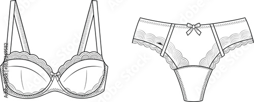 Lingerie set technical illustration with scalloped lace bra and panties, underwire cups, bows, and side strap details.
