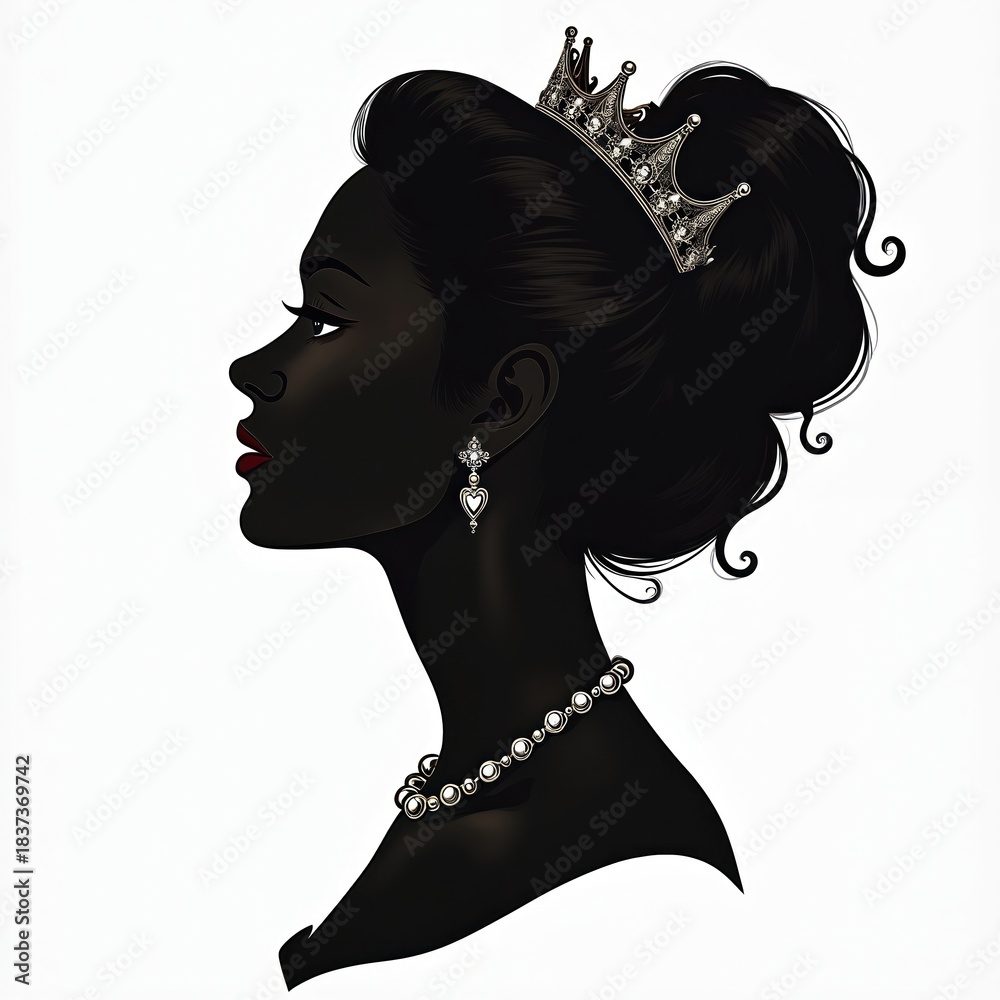 Fototapeta premium Illustration of queen silhouette profile with a crown hairstyle. Beauty character profile woman with black elegant hair. Beautiful royal lady portrait with jewelry.