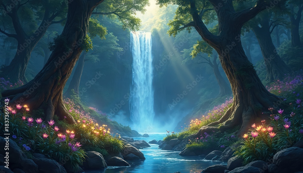 Obraz premium Illustration of a magical forest with waterfall and glowing flora. Digital art shows a fantasy landscape with dreamy atmosphere. Trees frame the water in the natural environment.