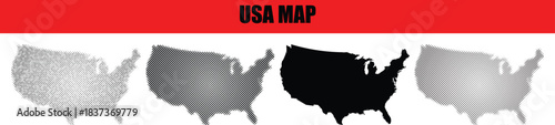 USA Map Collection With Halftone Custom dot map And Solid Black Silhouette Designs Keywords: USA map, United