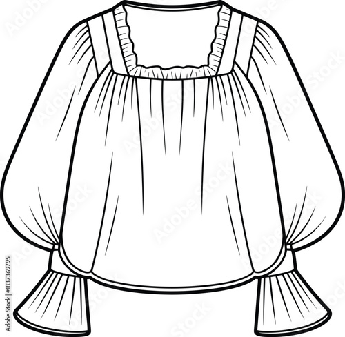 Romantic blouse technical illustration featuring square neckline, ruffled trim, and voluminous sleeves for fashion and costume design themes.