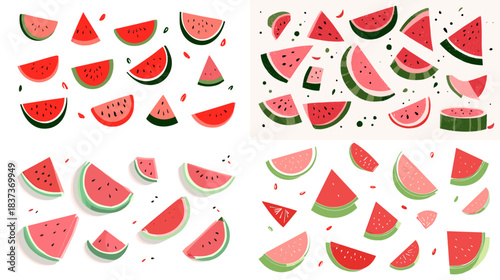 Fresh illustration of assorted watermelon slices in bright red and green tones, arranged as a lively summer pattern with seeds and juicy textures.