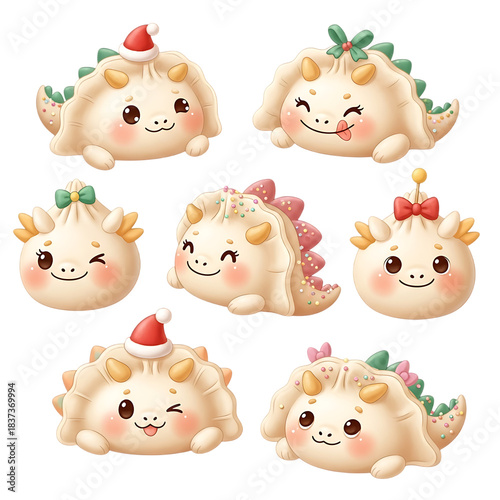 a delightful collection of six adorable cartoon dumplings styled as dinosaurs each wearing festive holiday hats on transparent background high quality professional detailed modern elegant stylish