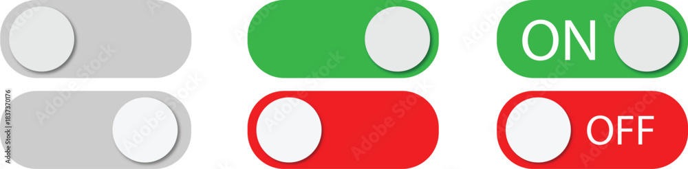 Ταπετσαρία toggle switch buttons set in gray green red showing on off states for user interface control isolated on white background