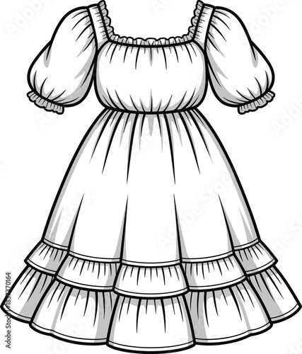 Vintage dress illustration featuring puffed sleeves, ruffled neckline, and tiered skirt for fashion, costume, and historical design themes.