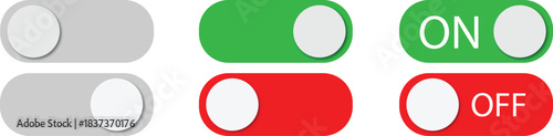 toggle switch buttons set in gray green red showing on off states for user interface control isolated on white background.