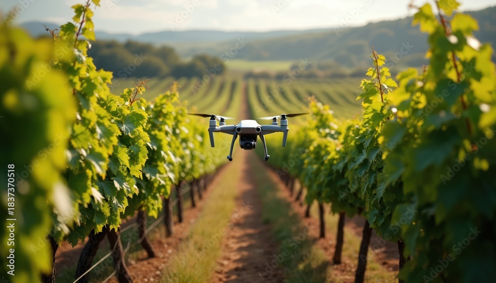 Fototapeta premium Drone flies over a vineyard inspecting grape plants. Automated farming technology monitors crop health on rural hills. Modern agriculture uses unmanned aerial vehicles for surveying fields.