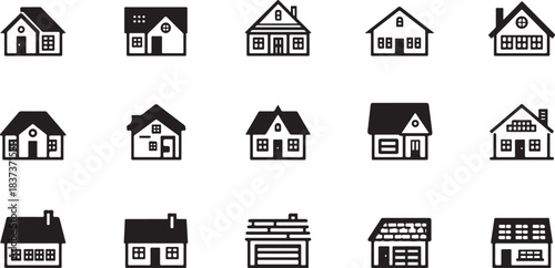 A grid of simple black and white icon illustrations of various house and building styles Keywords: house, home, building, icon, illustration, architecture, residential, dwelling, structure