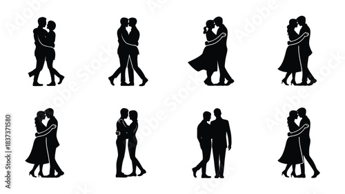 Silhouettes of couples dancing together in various romantic poses