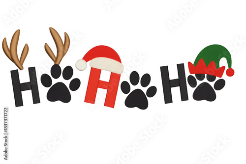 HO HO HO Christmas Pet Theme with Paw Prints, Antlers, Santa Hat and Elf Hat (Transparent PNG)