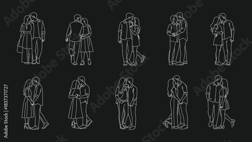 Couple Holding Hands Line Art Vector Illustration Set, Walking Romantic Couples Line Art Illustration Vector Set