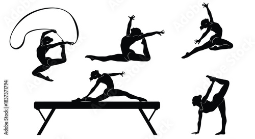 Silhouettes of gymnasts performing various athletic poses and exercises