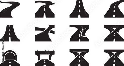 Black silhouette icons of winding roads and highway overpasses street intersection