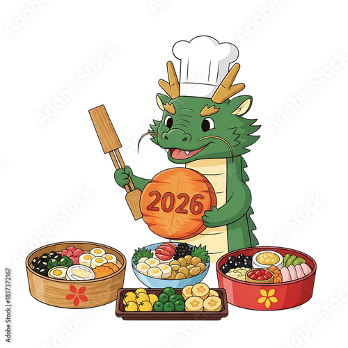 a cheerful green dragon chef character holding a 2026 orange and cooking with food around him on transparent background high quality professional detailed modern elegant stylish