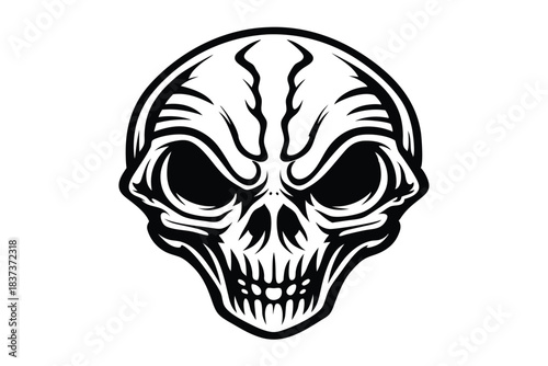 Silhouette Alien Skull with Large Head, Teeth, and Distinct Bone Structure