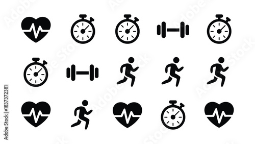 Collection of fitness and health icons featuring hearts dumbbells stopwatches and running figures