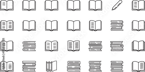 Collection of Line Art Icons Representing Books and Writing Implements open book closed book