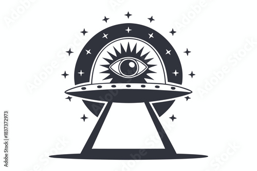 Minimalist Silhouette UFO, Mystic Eye, Stars, Rays. Retro, Esoteric Icon Style