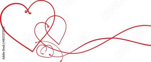 Red heart shapes intertwined with flowing lines and swirls on a white background Keywords: heart, red, love, romance, swirl, flourish, flowing, intertwined, graphic, design, element, celebration