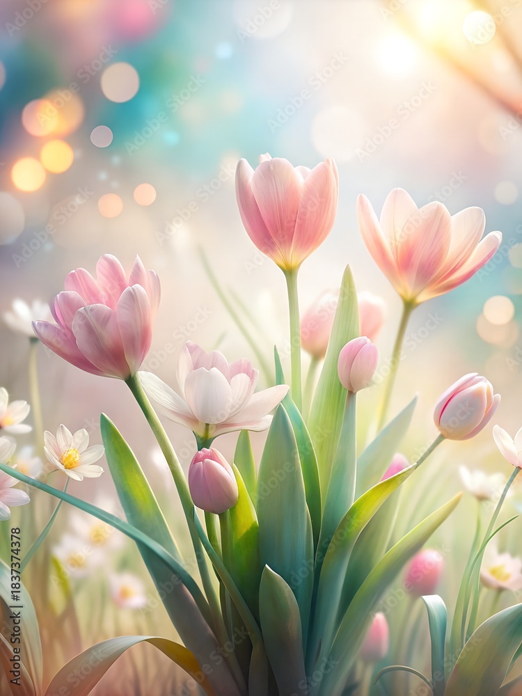 Fototapeta premium pink tulips on a green background