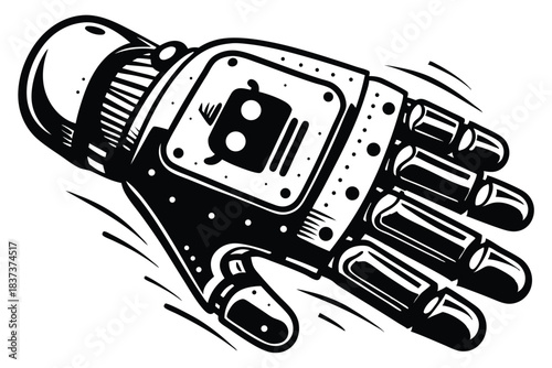 Outline Hand Holding Device Displaying Robot Icon, Black And White Tone