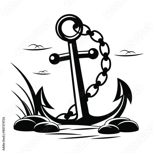 Nautical Anchor with Chain, Sea Birds Flying, Coastal Rocks, and Sea Grass Design