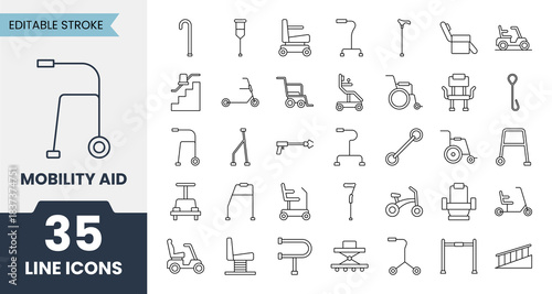Mobility aid line icons set with editable stroke. Containing wheel chair, walker, knee, crutches, cane and more. Vector illustration