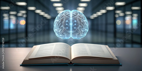 Ai brain digital brain glowing brain neural network hologram floating open book library corridor depth of field AI brain floats above open book modern library corridor with soft glow and sharp