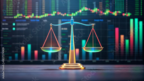 Holographic scales of justice neon balance digital finance stock market data visualization legal concept glowing futuristic fintech regulation set against colorful charts evoking fairness