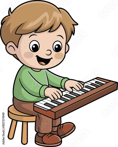 Cute cartoon boy playing keyboard piano while sitting on stool, happy child musician illustration for music education, kids learning instrument artwork