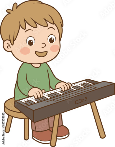 Cute cartoon boy playing keyboard piano while sitting on stool, happy child musician illustration for music education, kids learning instrument artwork