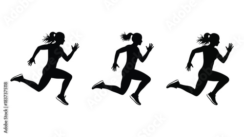 Running  woman silhouettes. Vector set. Female runners figure shapes. Bare and naked slim healthy people work out