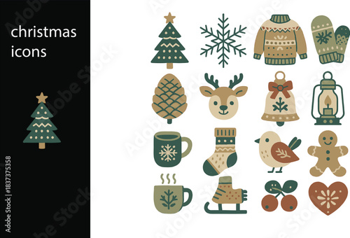 Festive Christmas icon set featuring holiday symbols like trees, snowflakes, sweaters, mittens, deer, bells, lanterns, socks, birds, gingerbread men, skates, berries, and hearts for seasonal design