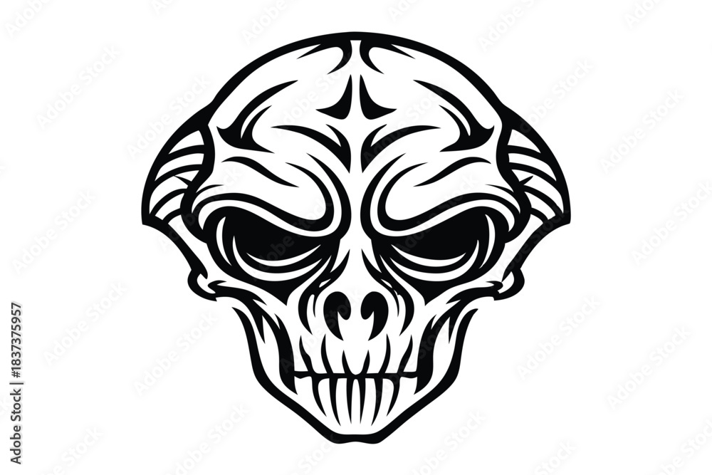 Fototapeta premium Tribal Skull Illustration, Monochrome Tattoo Design, Abstract Black Shapes, Intricate Ornament