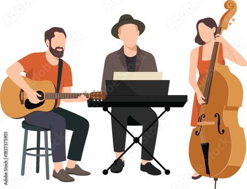 Flat vector illustration of music band performing with guitarist, keyboard player, and double bass musician in modern minimalist concert scene