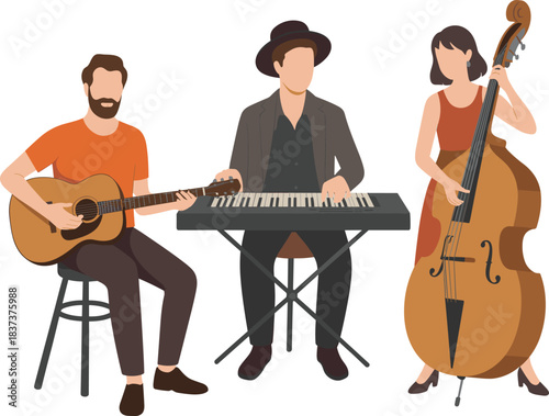 Flat vector illustration of music band performing with guitarist, keyboard player, and double bass musician in modern minimalist concert scene